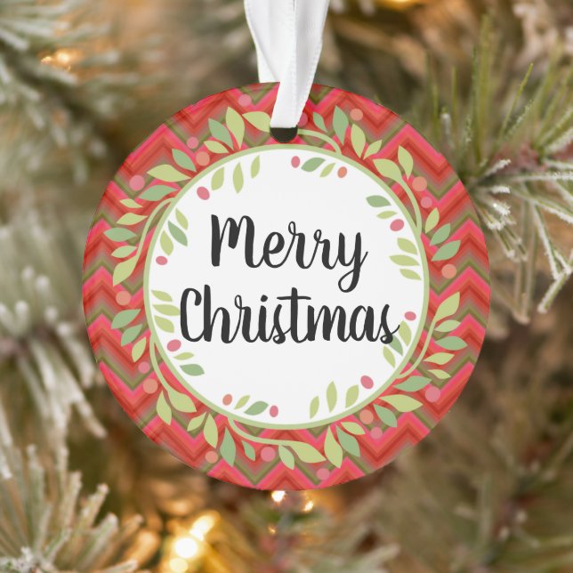 Merry Christmas Wreath Retro Red Classic Round Ornament (Tree)
