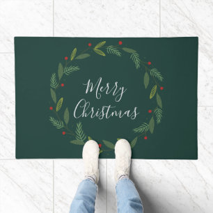 Merry Christmas Wreath Script Family Custom Doormat