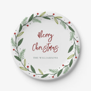 Merry Christmas Wreath Script  Modern Holiday Paper Plates