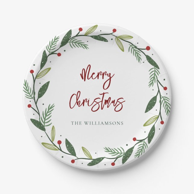 Merry Christmas Wreath Script  Modern Holiday Paper Plates (Front)