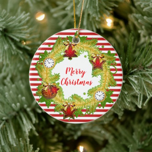 Merry Christmas Wreath  Stripes Ceramic Ornament