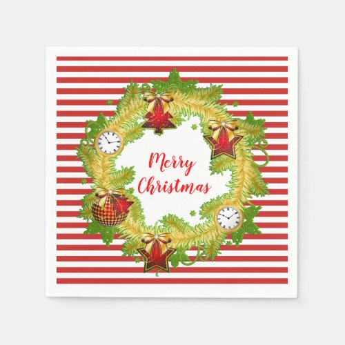 Merry Christmas Wreath  Stripes Napkins