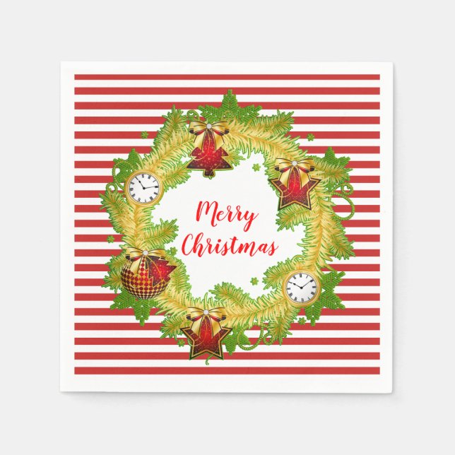 Merry Christmas Wreath & Stripes Napkins (Front)