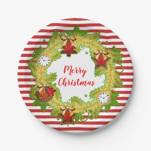 Merry Christmas Wreath  Stripes Paper Plates