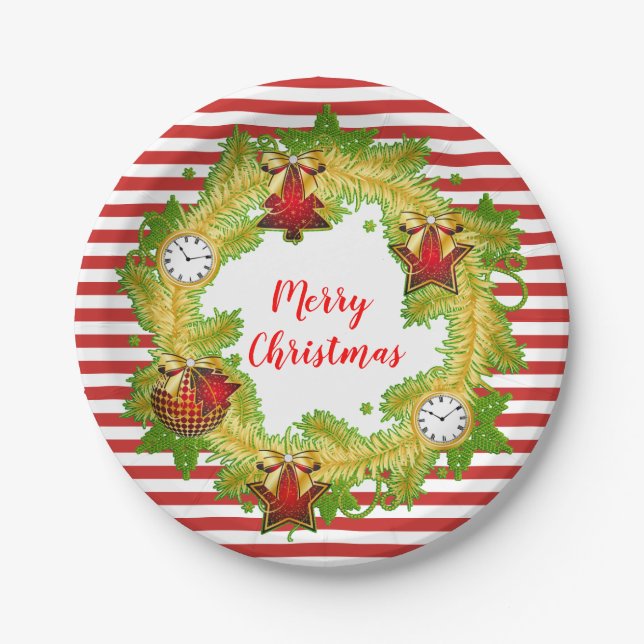 Merry Christmas Wreath & Stripes Paper Plates (Front)
