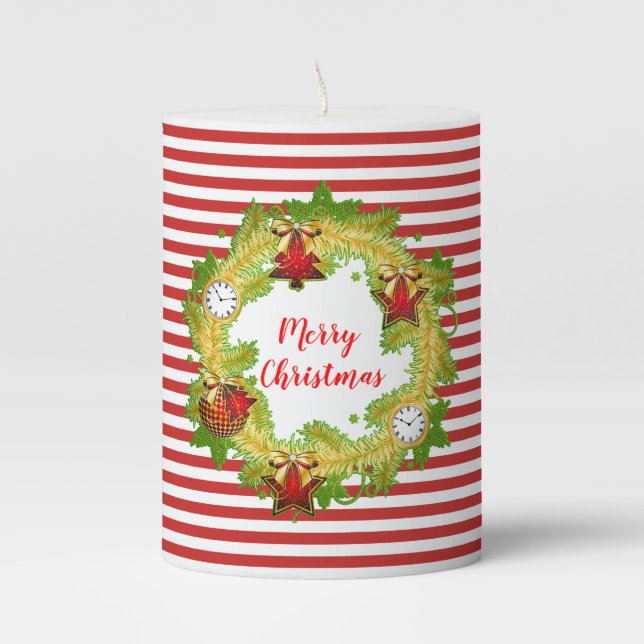 Merry Christmas Wreath & Stripes Pillar Candle (Front)