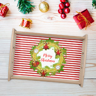 Merry Christmas Wreath & Stripes Serving Tray
