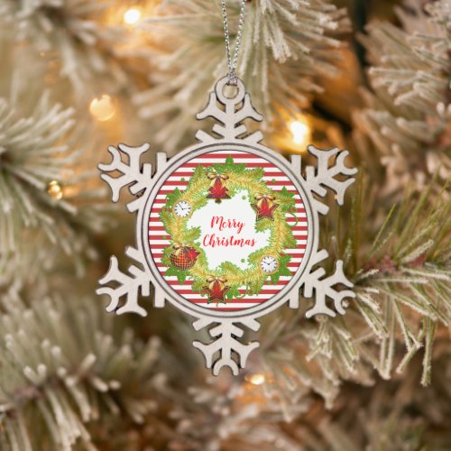 Merry Christmas Wreath  Stripes Snowflake Pewter Christmas Ornament