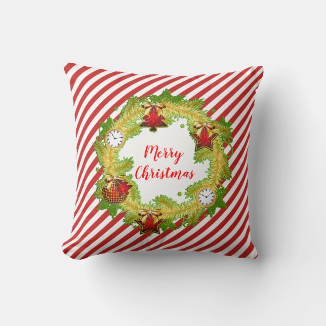 Merry Christmas Wreath & Stripes Throw Pillow (Front)