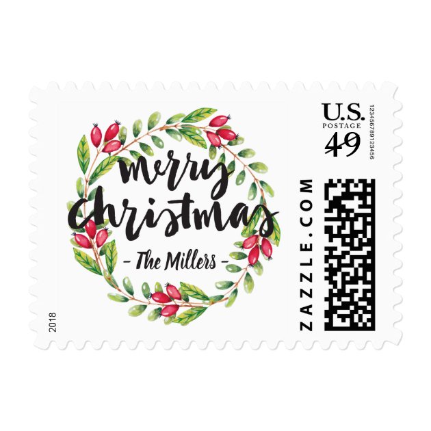 Merry Christmas Wreath Watercolor Holly Berries Postage