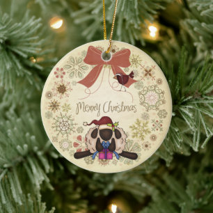 Merry Christmas Wreath with Cute Sheep and Bird Ceramic Ornament