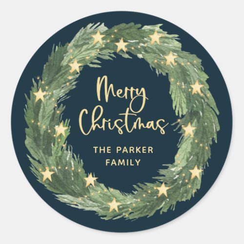 Merry Christmas Wreath with Gold Stars on Blue Classic Round Sticker