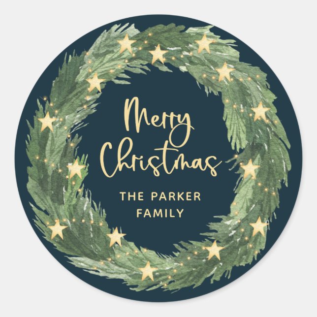 Merry Christmas Wreath with Gold Stars on Blue Classic Round Sticker (Front)
