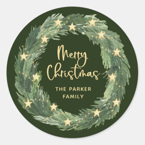 Merry Christmas Wreath with Gold Stars on Green Classic Round Sticker