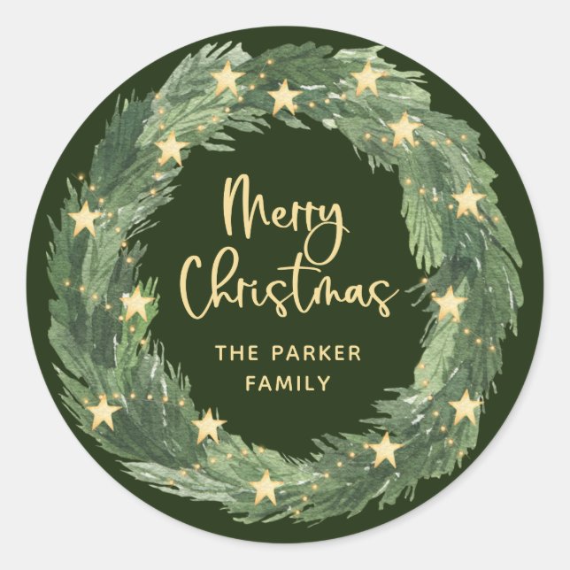 Merry Christmas Wreath with Gold Stars on Green Classic Round Sticker (Front)