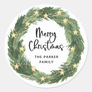 Merry Christmas Wreath with Gold Stars on White Classic Round Sticker