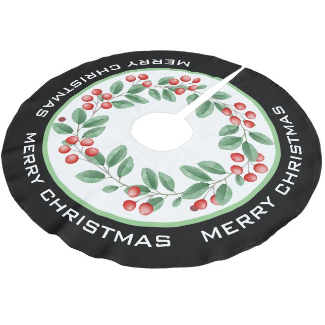 MERRY CHRISTMAS Wreath with Red Berries Brushed Polyester Tree Skirt (Angled)
