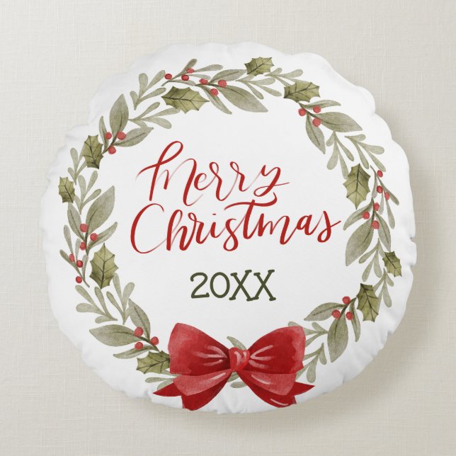 Merry Christmas Wreath with Red Bow Round Pillow (Front)