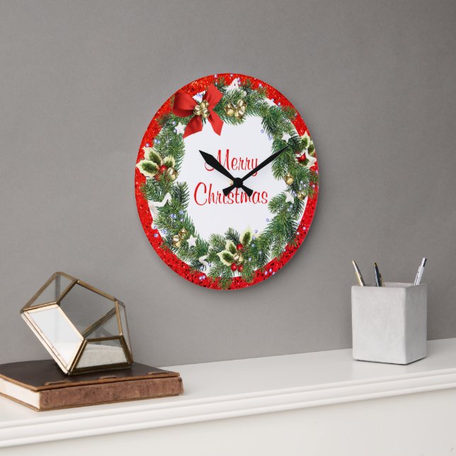 Merry Christmas Wreath with Red Glitter Holiday  Large Clock (Office)