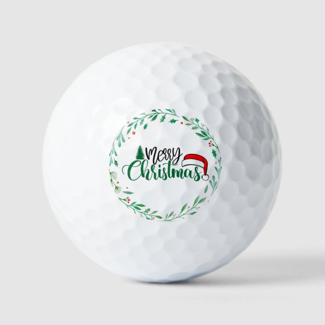 Merry Christmas Wreath with Santa hat X'mas   Golf Balls (Front)