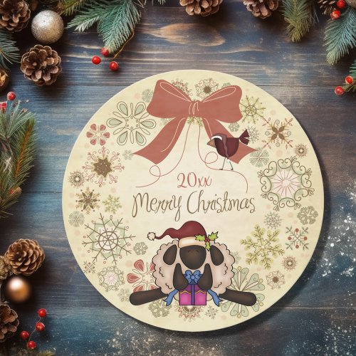 Merry Christmas Wreath with Santa Sheep and Bird Holiday Card