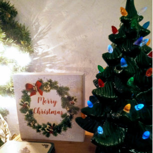 Merry Christmas Wreath with Snowflakes Wooden Box Sign