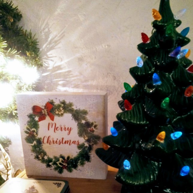 Merry Christmas Wreath with Snowflakes  Wooden Box Sign (Creator Uploaded)