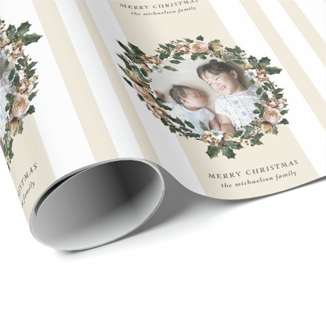 Merry Christmas Wreath with Stripes and Photo Wrapping Paper (Roll Corner)