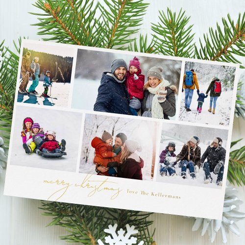 merry christmas written elegant  6 Photo Collage Foil Holiday Card