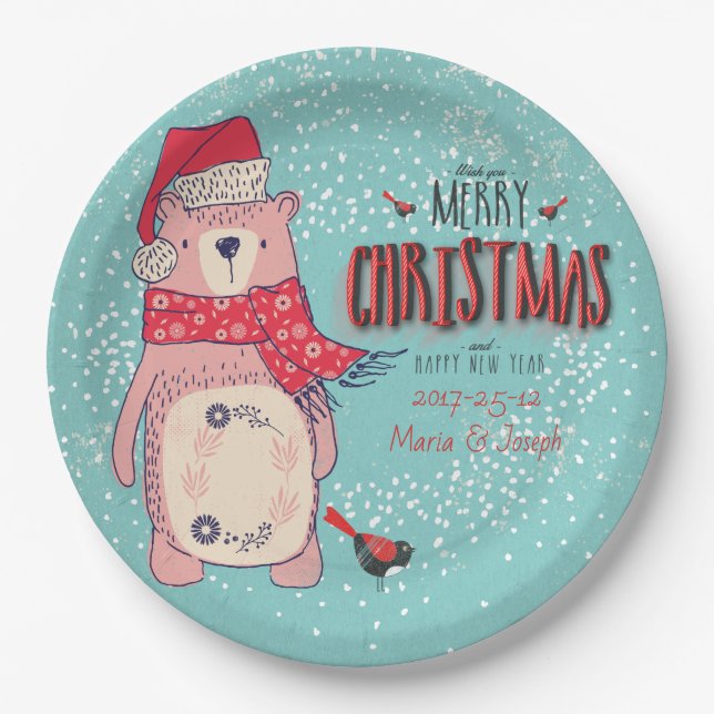 Merry Christmas- X-mas Bear and editable Text on Paper Plates (Front)