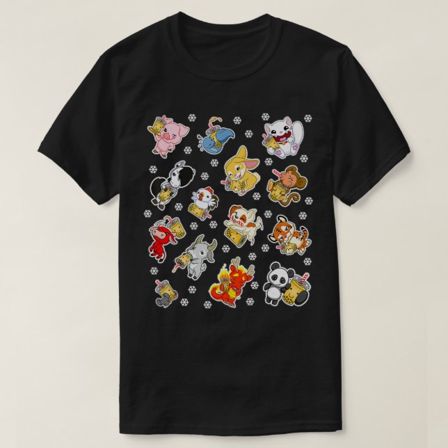 Merry Christmas Xmas Boba Bubble Tea Chinese Zodia T-Shirt (Design Front)