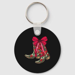 Merry Christmas Xmas Cowboy Boots Coquette Bow Paj Keychain