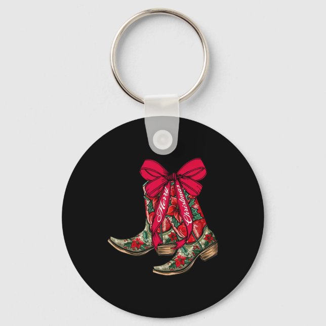 Merry Christmas Xmas Cowboy Boots Coquette Bow Paj Keychain (Front)