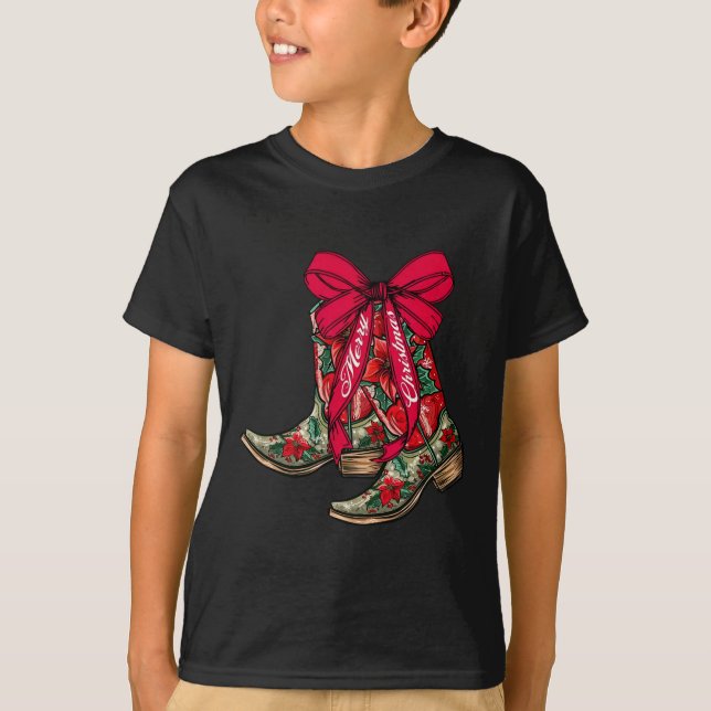 Merry Christmas Xmas Cowboy Boots Coquette Bow Paj T-Shirt (Front)
