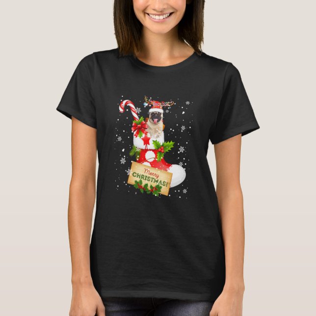 Merry Christmas Xmas Lights Santa Reindeer Pug In  T-Shirt (Front)