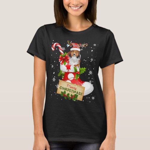 Merry Christmas Xmas Lights Santa Reindeer Sheltie T_Shirt