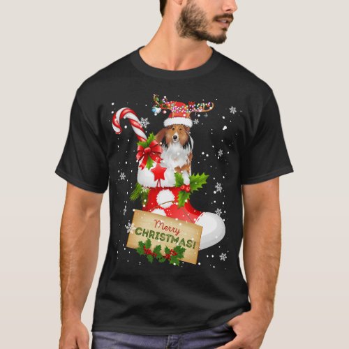 Merry Christmas Xmas Lights Santa Reindeer Sheltie T_Shirt