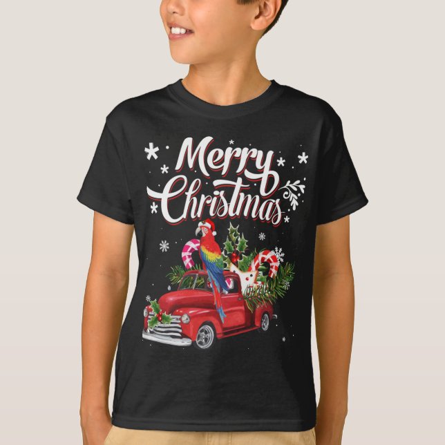 Merry Christmas Xmas Tree Red Truck Parrot Santa H T-Shirt (Front)