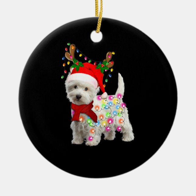 Merry Christmas Xmas Westie Dog Reindeer Cosplay Ceramic Ornament (Front)