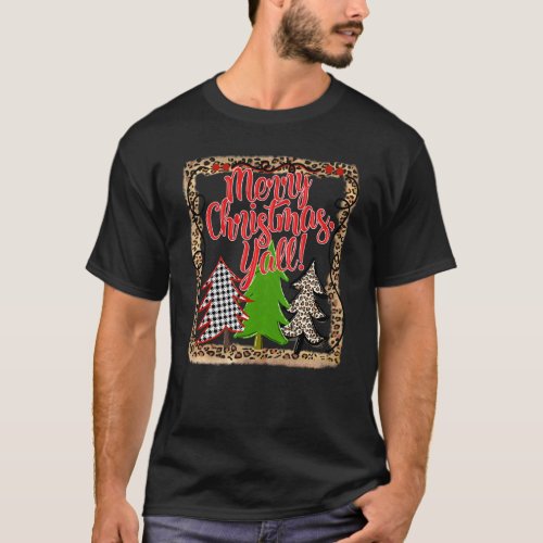 Merry Christmas Y All Plaid Christmas Tree Leopard T_Shirt