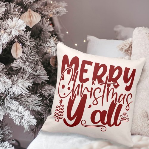 Merry Christmas Yall Typography Holiday Cream Throw Pillow