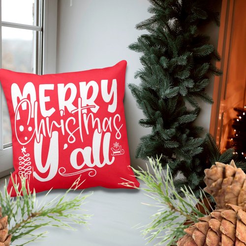 Merry Christmas Yall Typography Holiday Red Throw Pillow