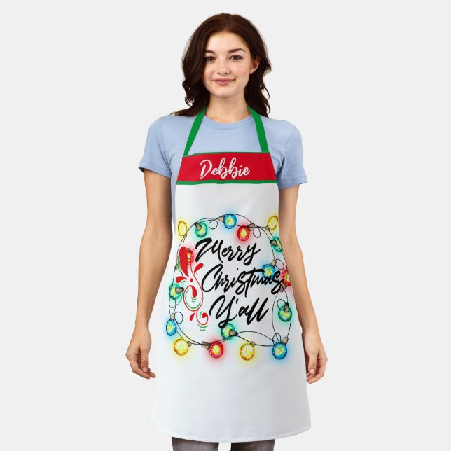 Merry Christmas Y'all Apron, Holiday Lights Design Apron (Worn)