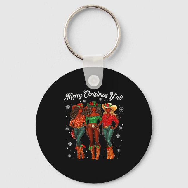 Merry Christmas Y'all Black Cowgirls African Chris Keychain (Front)