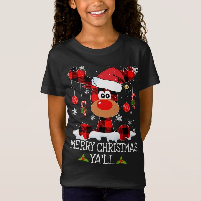 Merry Christmas Ya'll Buffalo Red Plaid Reindeer S T-Shirt (Front)