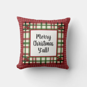 Merry Christmas Y'all! Burgundy Plaid Country Throw Pillow