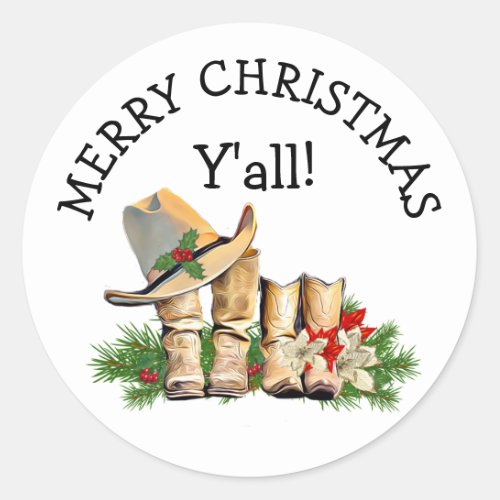 Merry Christmas Yall Country and Western Rustic Classic Round Sticker