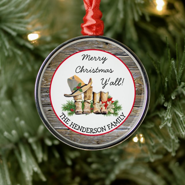 Merry Christmas Y'all Country and Western Rustic   Metal Ornament (Tree)