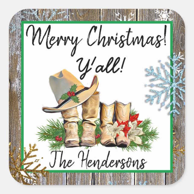 Merry Christmas Y'all Country and Western Rustic Square Sticker (Front)