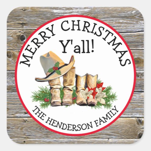 Merry Christmas Yall Country and Western Rustic   Square Sticker